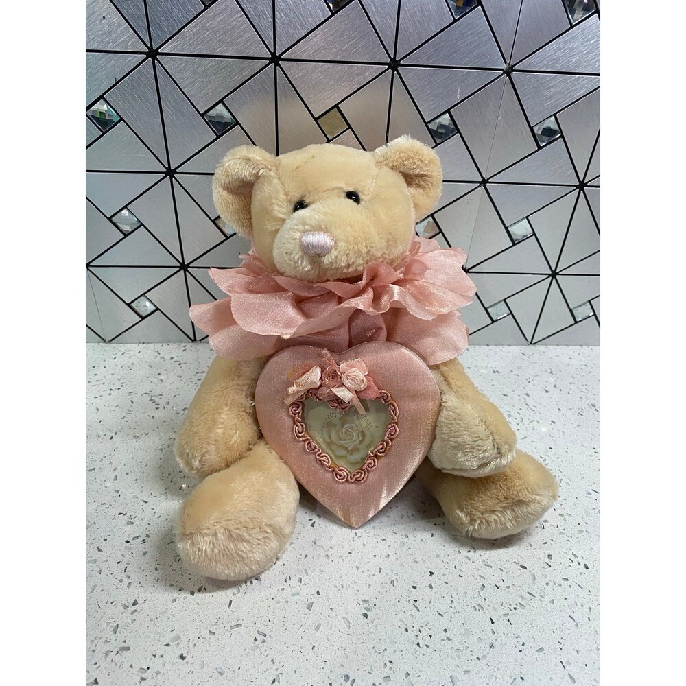 VTG Dan Dee Teddy Bear Plush Holding Pink Heart Picture Frame 8in